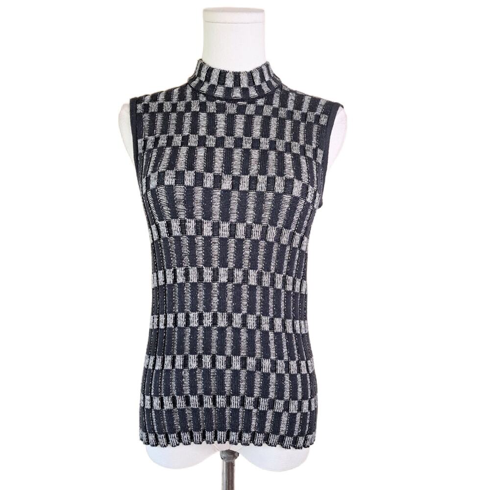 St John Sport Mock Neck Sleeveless Knit Top P XS Black Silver Metallic Dressy